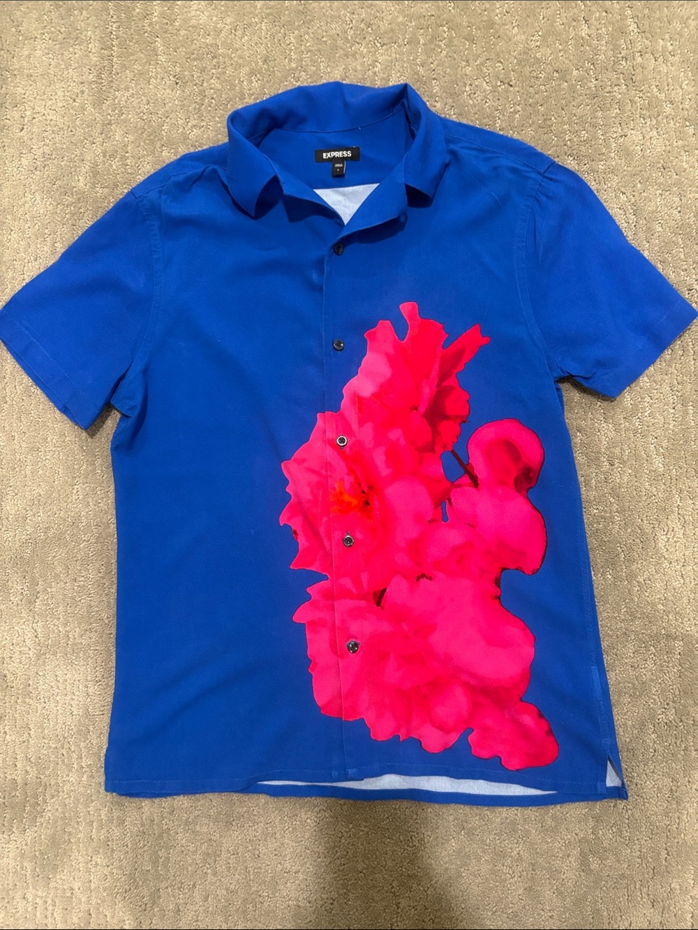Express Men’s Royal Blue Short-Sleeve Button-Down with Bright Pink Floral Print